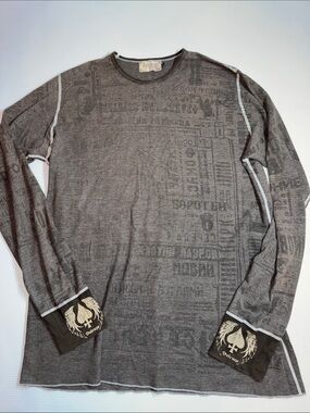 Salvage Gray Graphic Long-Sleeve Crew with Contrast Cuff Emblems